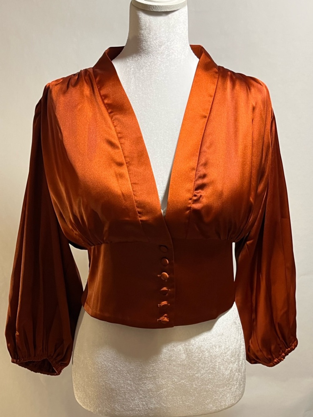 RIHOAS Rust Satin V-Neck Cropped Button Front Blouse